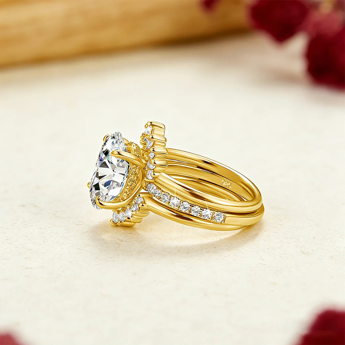 Damen-Verlobungsring-Set aus Silber mit ovalem Moissanit, 5 Karat Gesamt, 3-Teiliges Ringset, Zertifikat