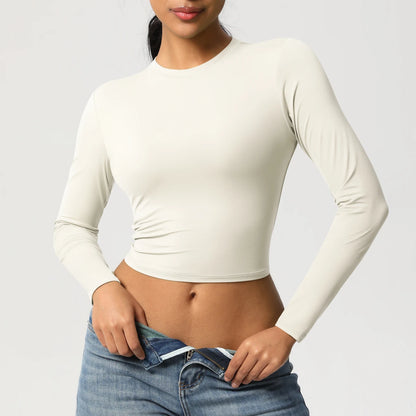 Langarmshirt mit Rundhalsausschnitt, helles Elfenbein, slim-fit