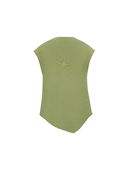 Damen-Stricktop mit Rollkragen, kurzarm, asymmetrischer Saum, grüner Ton
