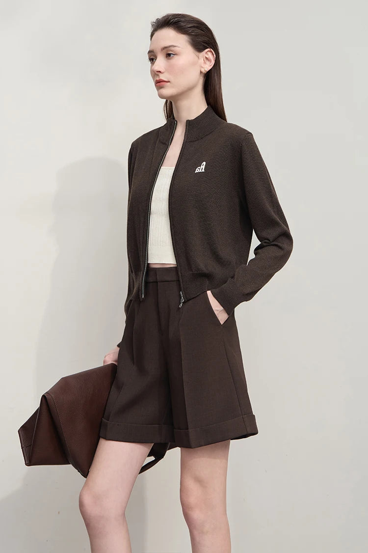 Damen-Rollkragen-Strickjacke kurz Reißverschluss Wolle Herbst-Winter