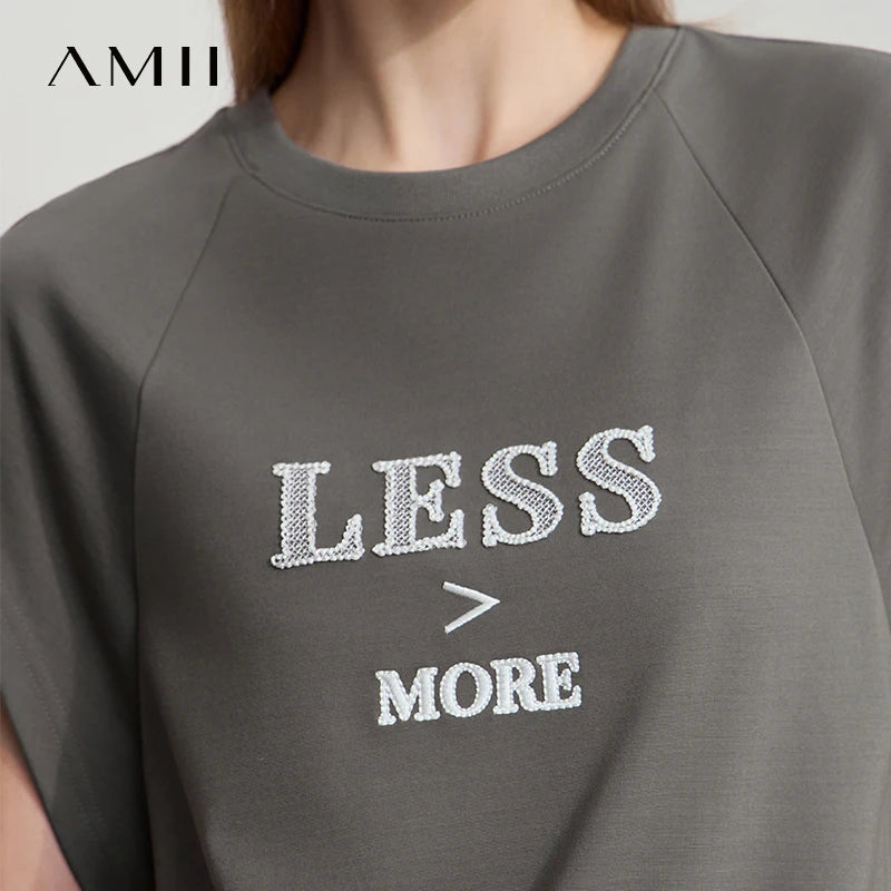 Damen Casual T-Shirt aus loser Seide mit Stickerei und Rundhalsausschnitt