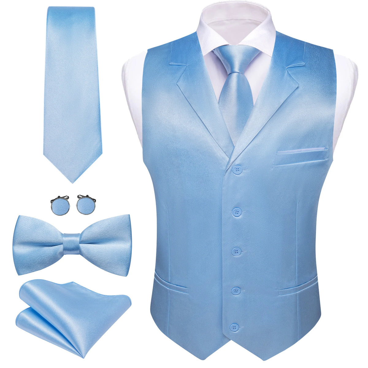 Elegantes Herren Anzugweste-Set in Hellblau mit Krawatte, Fliege, Einstecktuch