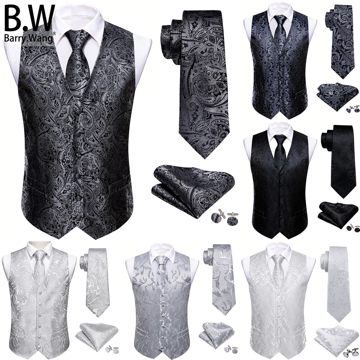Herrenweste mit Paisley-Muster, dazu Krawatte und Einstecktuch im Set-Layout