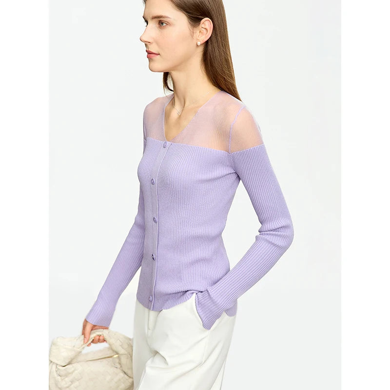 Strickpullover für Damen, gerippt, lange Ärmel, Knopfleiste, schulterfrei-lässig, flieder