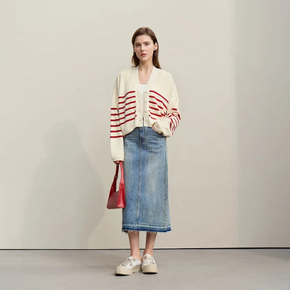 Damen-Strickjacke Baumwolle V-Ausschnitt Kontraststreifen kurz Raglan Frühling