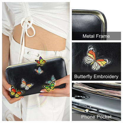 Damen Echtleder Lange Geldbörse Schmetterling Stickerei Kartenhalter Handyfach Reise