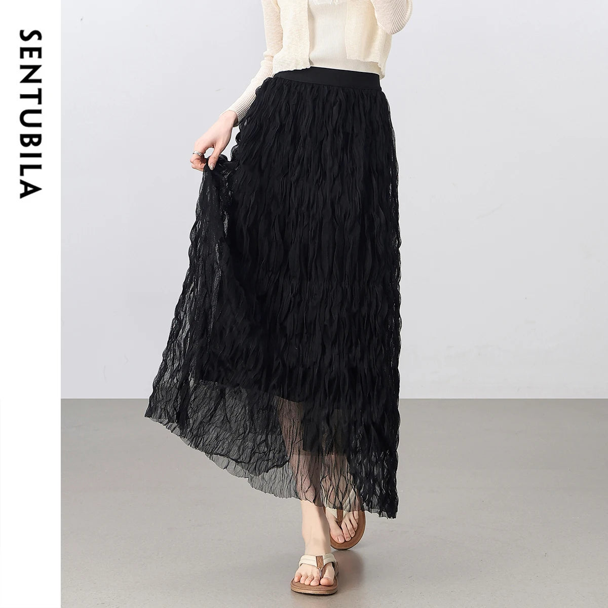 Damen Netzrock im süßen Stil mit Rüschen und hoher Taille