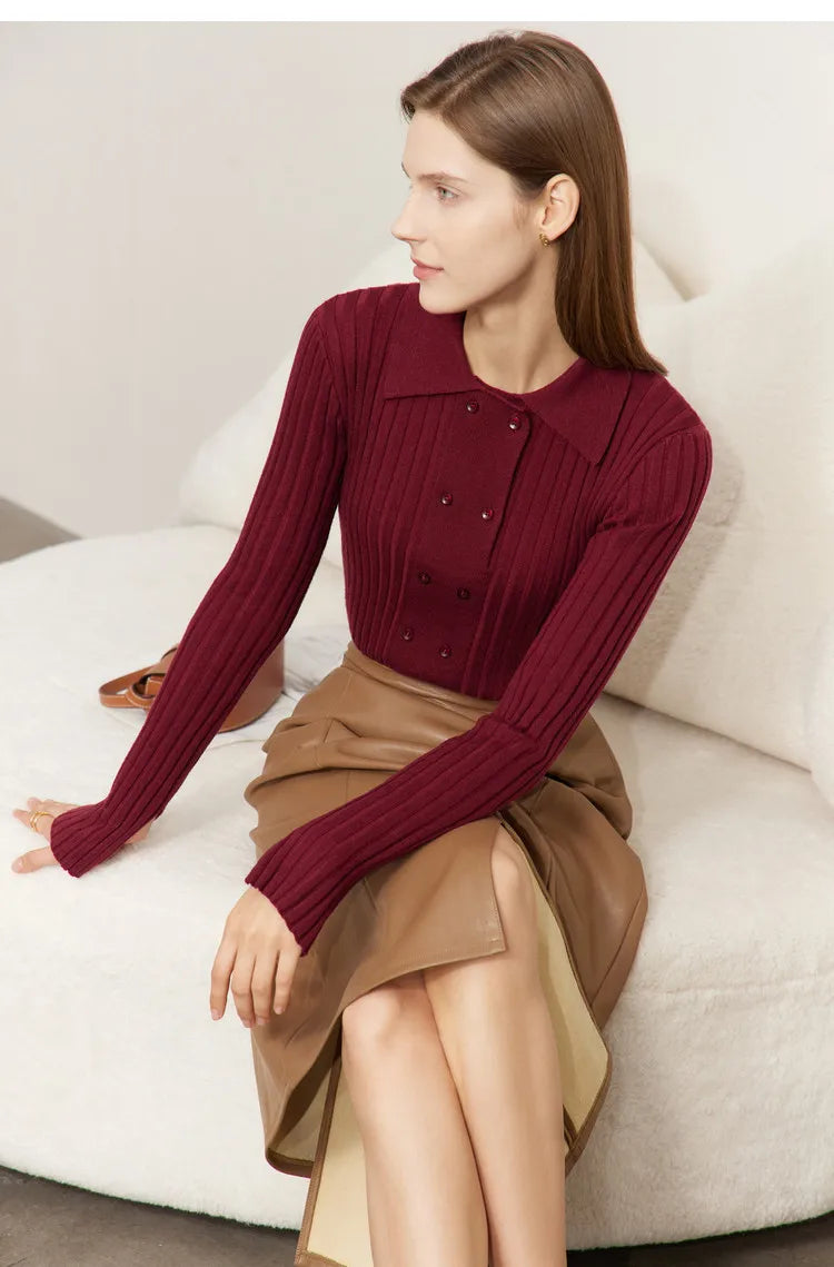 Damen-Strickjacke Polokragen Slim doppelreihig Wolle-Mix Frühling-Herbst