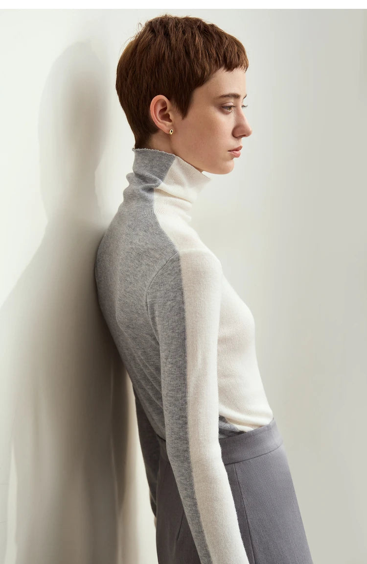 Damen-Rollkragenpullover Wolle-Mix Patchwork schlank Winter
