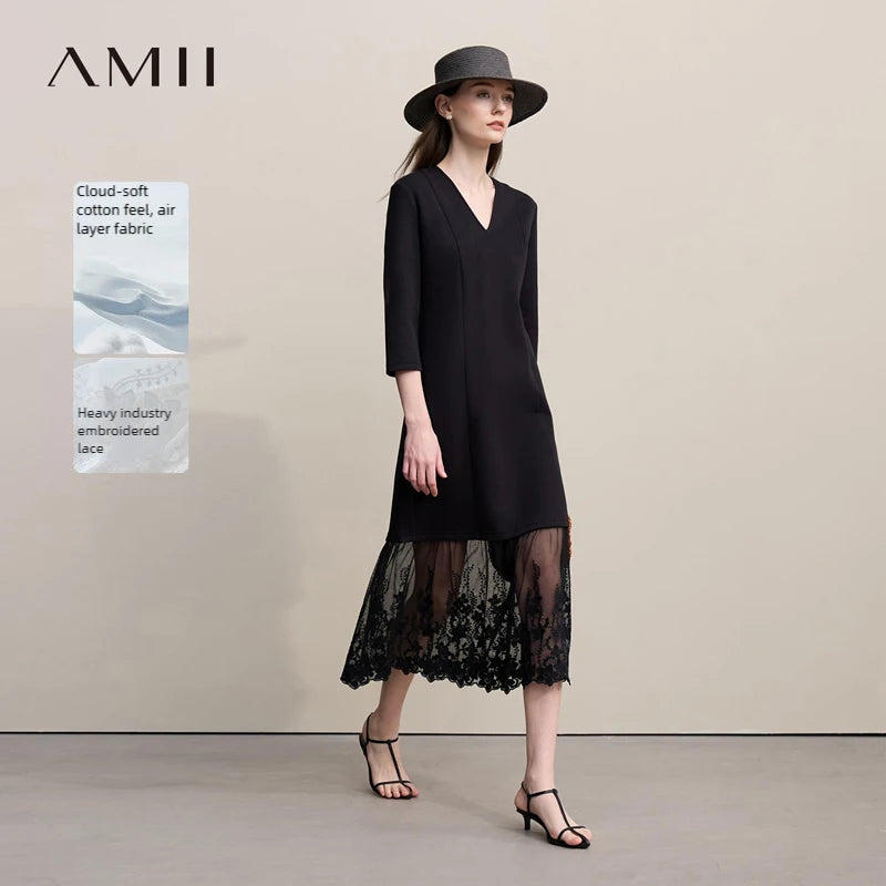 Elegantes Bürokleid Damen Mit V-Ausschnitt Und Spitze Komfortabel
