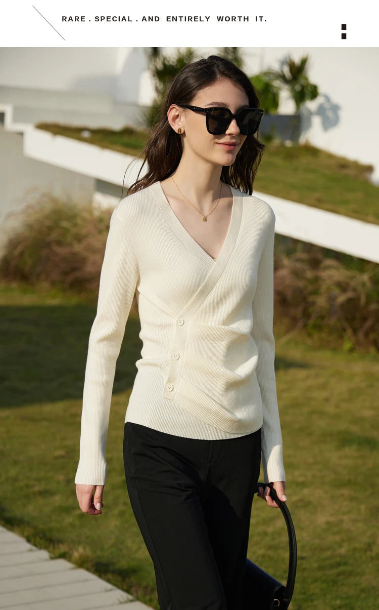 Damen V-Ausschnitt Pullover Kaschmir Slim Shirring Büro Frühling