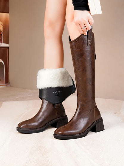 Damen-Langschaftstiefel aus Leder, braun, mit Kunstfellbesatz am Schaft und Blockabsatz