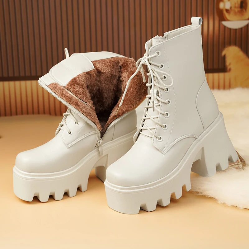 Ankle-Boots mit Schnürung, weiß, Plattformsohle und warmem Innenfutter aus Wolle