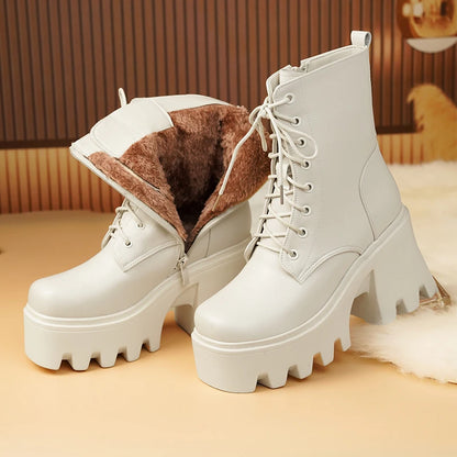 Ankle-Boots mit Schnürung, weiß, Plattformsohle und warmem Innenfutter aus Wolle