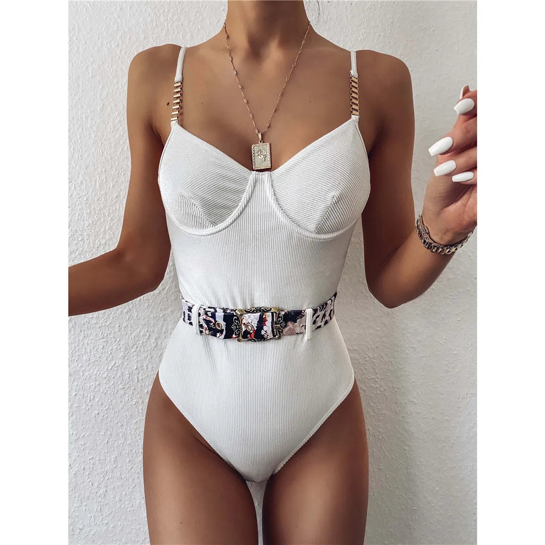 Damen-Badeanzug Rippe Gürtel High-Cut Bodysuit einteilig