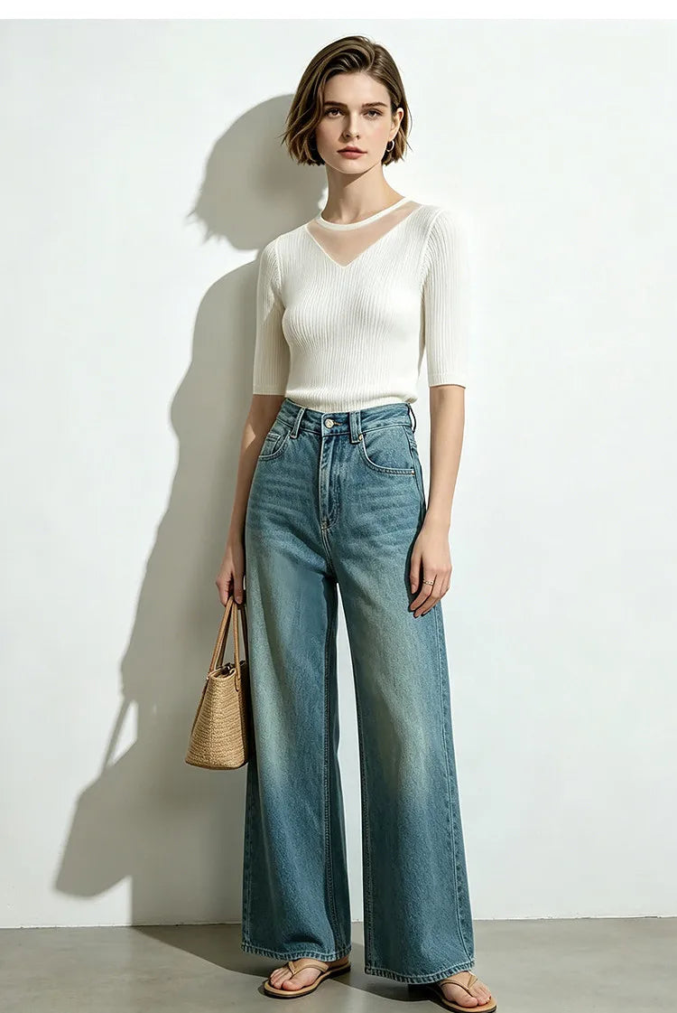 Damen-Rundhalspullover Mesh-Panel Slim Kurzarm Viskose Sommer