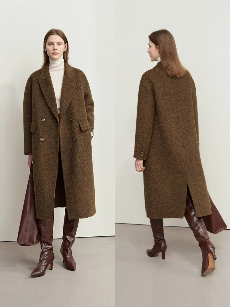 Damen Wollmantel im Minimalismus-Stil mit zwei Reihen und Taschen