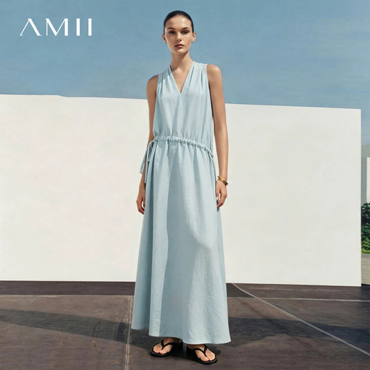 Ärmelloses Sommerkleid Dusty Blue, Kordelzug in der Taille, ärmellos und lang