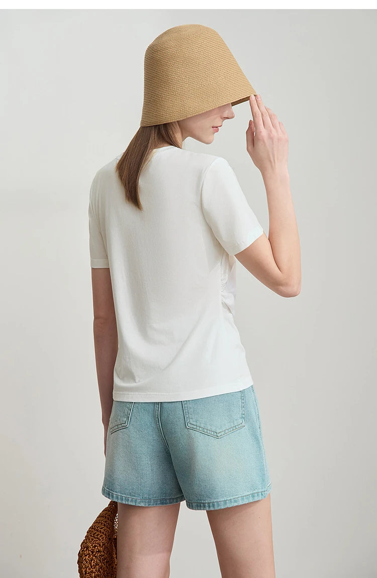 Damen T-Shirt mit Rundhalsausschnitt und gebrochenen Falten aus Modal-Baumwolle