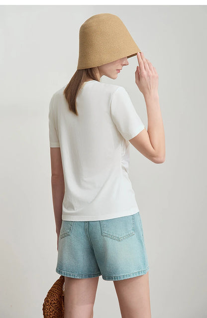 Damen T-Shirt mit Rundhalsausschnitt und gebrochenen Falten aus Modal-Baumwolle