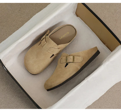 AIYUQI Hausschuhe Frauen Echt Leder 2025, Neue Große Größe 41 42 43 Frauen Sommer Schuhe Retro Oberbekleidung Flache Faule halbe Hausschuhe Frauen