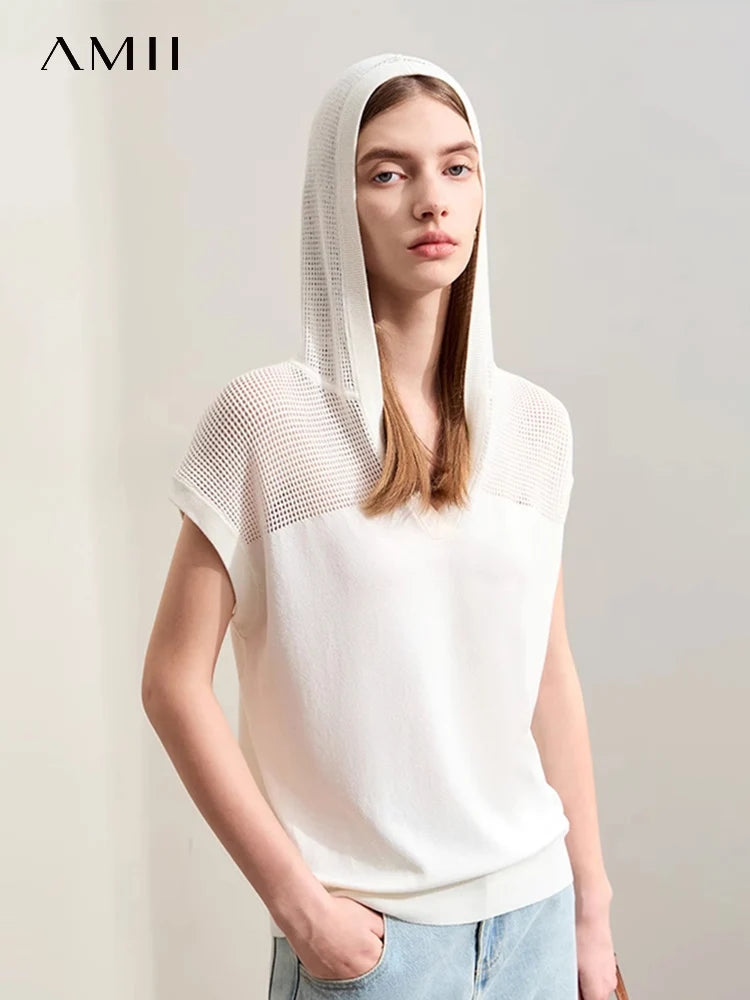 Damenpullover mit Kapuze, Kurzarm, einfarbig in hellem Offwhite, locker gestrickt