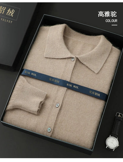 Maillard Polo-Kragen-Pullover für Herren, Herbst/Winter 2024, lässige Business-Männer, 100 % reiner Nerz-Kaschmir-Strickjacke, große Strickjacke