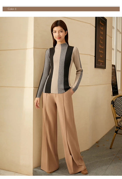 Damen-Rollkragenpullover Slim Patchwork Streifen Viskose Winter
