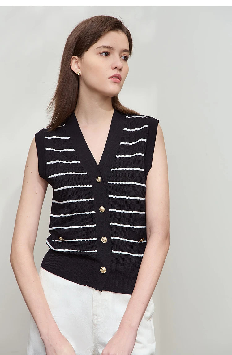 Damen V-Ausschnitt Pullover Streifen ärmellos Viskose Sommer