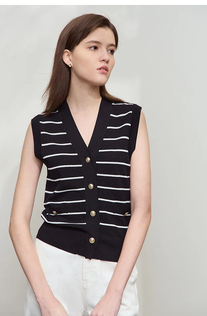 Damen V-Ausschnitt Pullover Streifen ärmellos Viskose Sommer