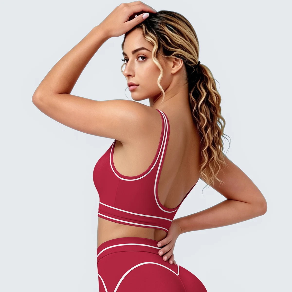 Damen Yoga-Top ärmellos, bordeauxrot mit weißen Kontrastlinien und Racerback-Rücken