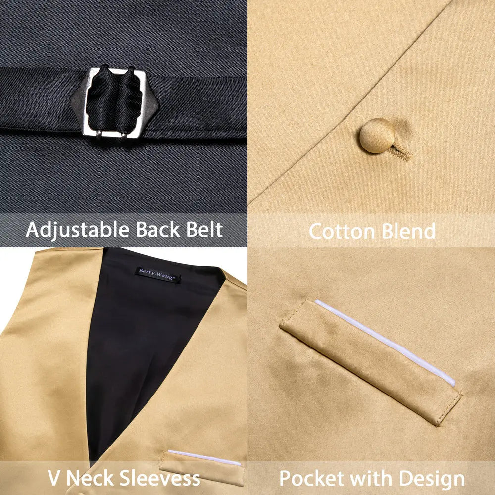 Goldfarbene Satin-Herrenweste mit verstellbarem Rückengürtel, V-Ausschnitt und Ziertasche