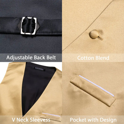 Goldfarbene Satin-Herrenweste mit verstellbarem Rückengürtel, V-Ausschnitt und Ziertasche