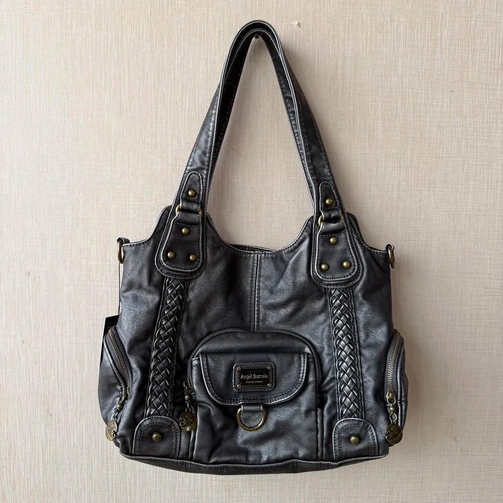 Damen Große Henkeltasche Aus Leder Mit Geflochtenen Details In Retro Waschoptik Groß