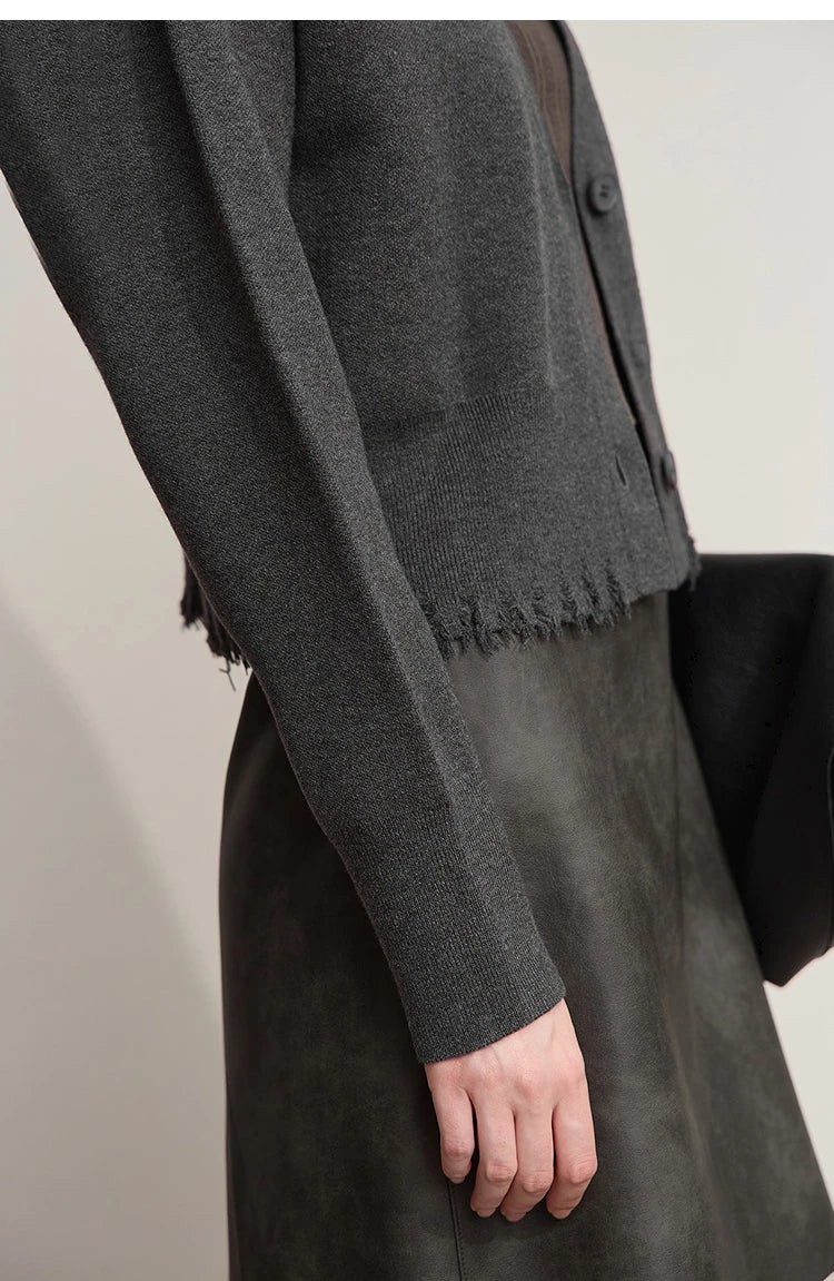Damen-Strickjacke V-Ausschnitt kurz Quaste locker Langarm Herbst