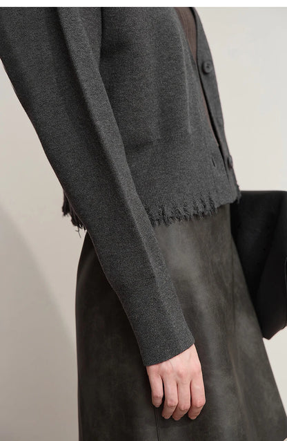 Damen-Strickjacke V-Ausschnitt kurz Quaste locker Langarm Herbst