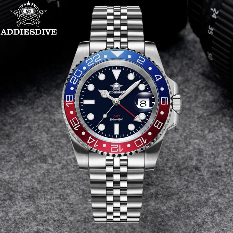 ADDIESDIVE Watch For Man GMT BGW9 Super Luminous 316L Stainless Steel 20Bar Diving Ceramic Bezel Quartz Watch