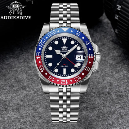 ADDIESDIVE Watch For Man GMT BGW9 Super Luminous 316L Stainless Steel 20Bar Diving Ceramic Bezel Quartz Watch