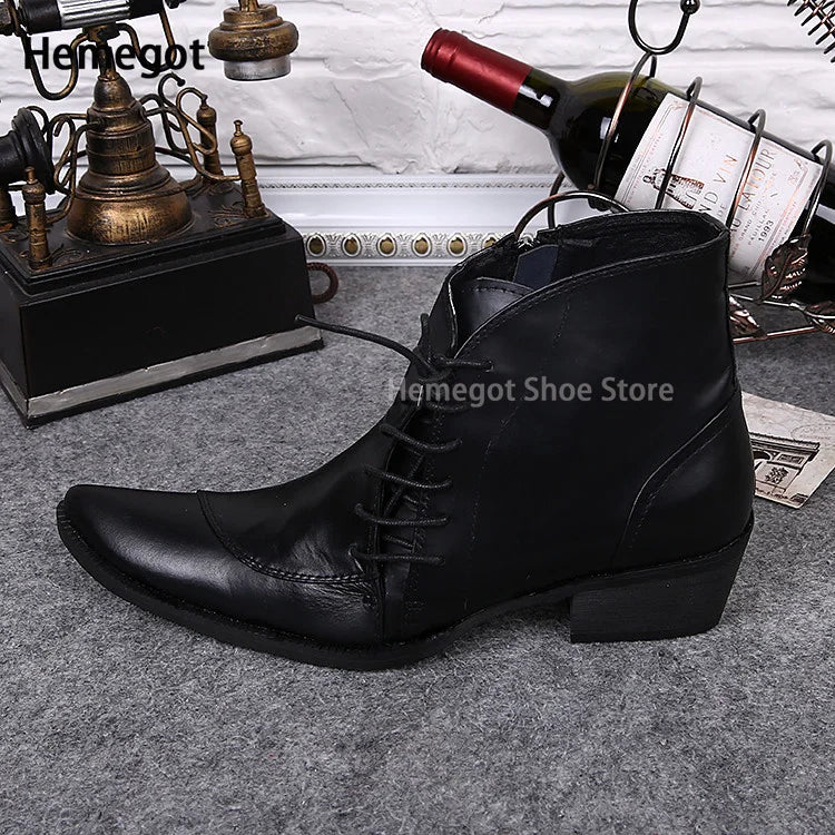 Schwarze Herren-Leder-Stiefelette mit Schnürung, spitzem Vorderteil und Absatz