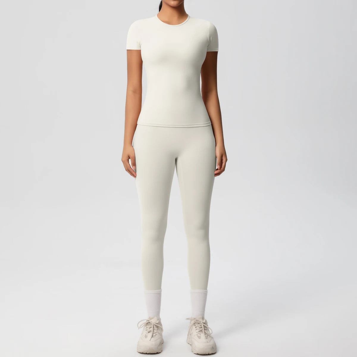 Sport-Crop-Top und Leggings im Set, helles Off-White, kurzarm, slim fit