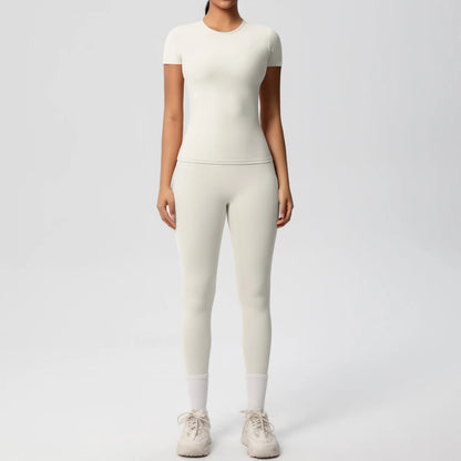 Sport-Crop-Top und Leggings im Set, helles Off-White, kurzarm, slim fit