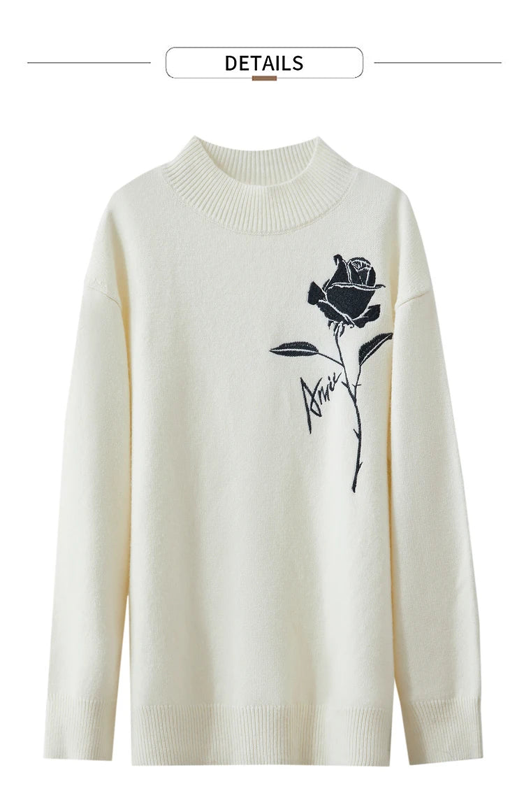 Offwhite Pullover mit Rundhalsausschnitt, schwarze Rosen-Stickerei, Langarm