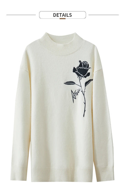 Offwhite Pullover mit Rundhalsausschnitt, schwarze Rosen-Stickerei, Langarm