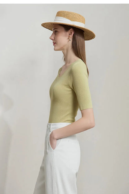 Damen V-Ausschnitt Pullover Viskose Halbarm Slim Büro Sommer