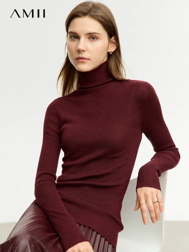 Damen-Rollkragenpullover 100 % Wolle Slim Fit elastisch Winter