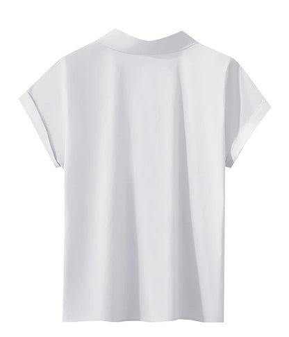 Damen Bluse im minimalistischen französischen Stil mit umlegekragen und gedrehten Falten