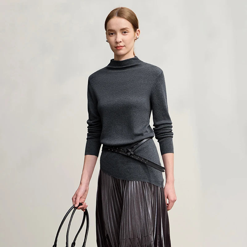 Damenpullover mit Halb-Rollkragen, langarm, asymmetrischer Saum, dunkelgrau