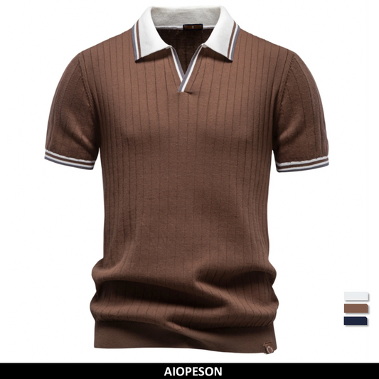Herren-Poloshirt aus reiner Baumwolle, braun, Rippenstruktur, Streifen am Kragen und Ärmelbund