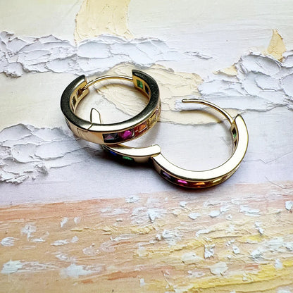 Damen-Creolen golden Scharnier Regenbogen funkelnd aus Sterlingsilber