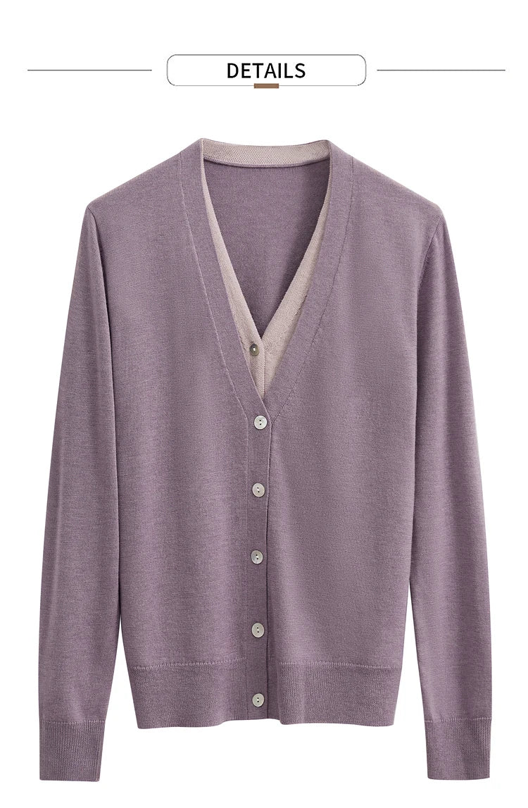 Damen-Wollstrickjacke, lila, Flachansicht: V-Ausschnitt mit Knöpfen